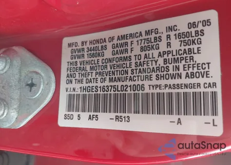 2005 Honda Civic Vp из США, поврежденный, VIN 1HGES16375L021006